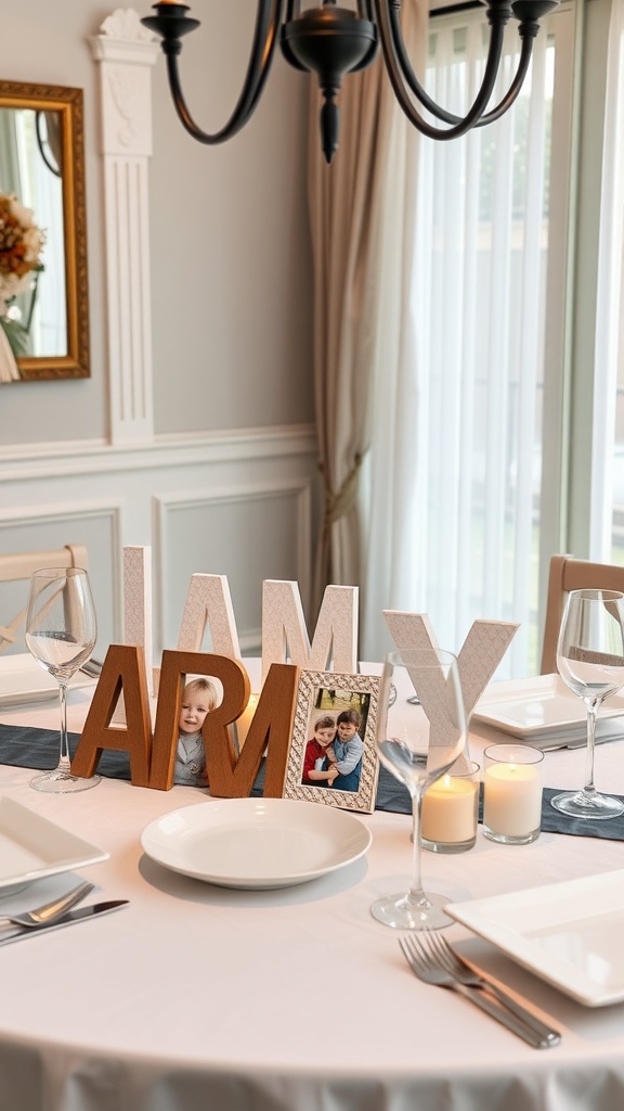 A dining table centerpiece featuring letter blocks spelling 'I AM ARMY' and family photos.
