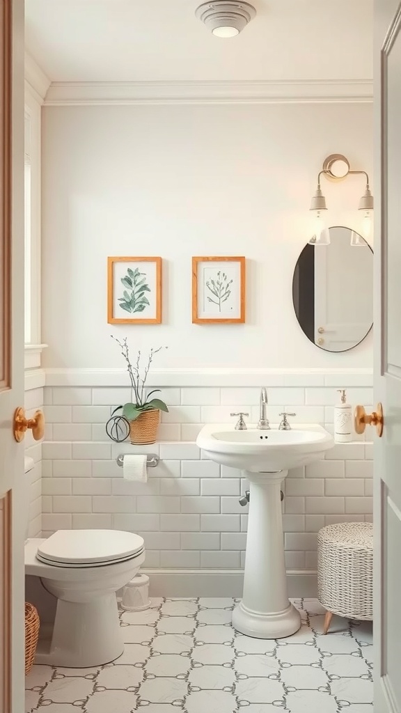 A serene bathroom with a soothing color palette featuring soft greens and warm neutrals.