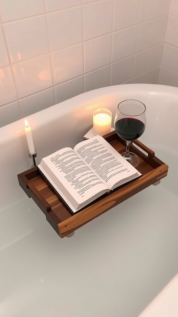 A wooden bathtub tray with a book, a candle, and a glass of red wine.