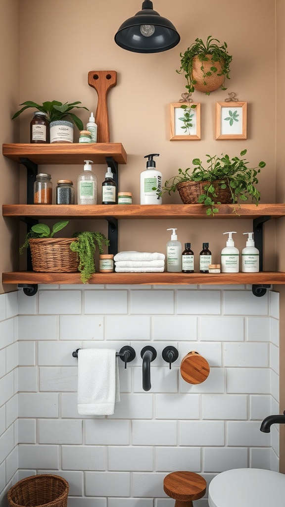 Reclaimed wood shelving in a spa bathroom with plants and bath products.