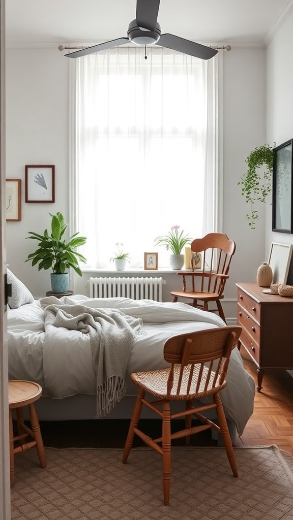 A cozy Scandinavian bedroom featuring a mix of vintage and modern furniture.