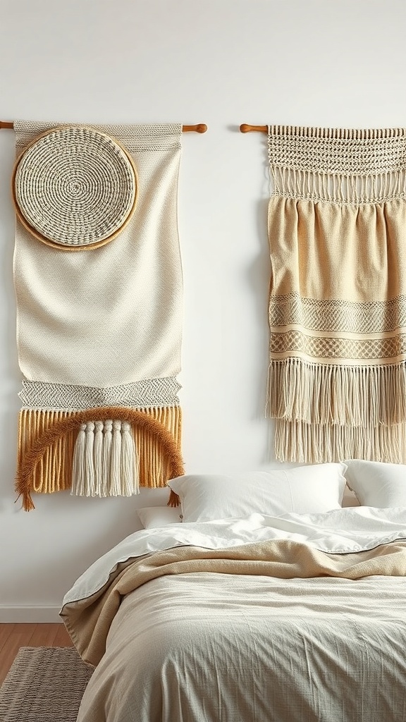 Two textured wall hangings in neutral tones above a bed