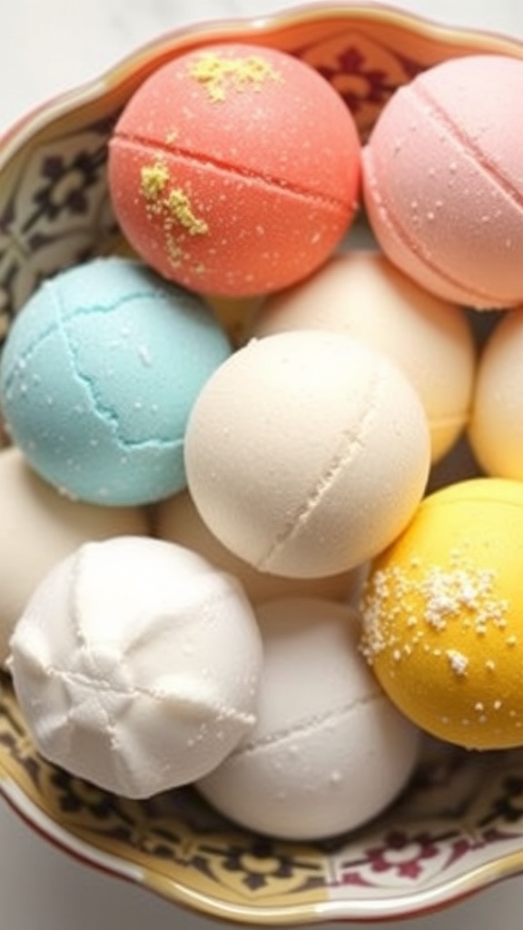 A colorful assortment of homemade bath bombs in a decorative bowl.
