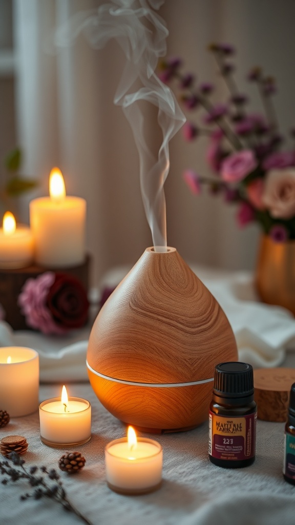 A wooden aromatherapy diffuser with steam rising, surrounded by candles and essential oil bottles.