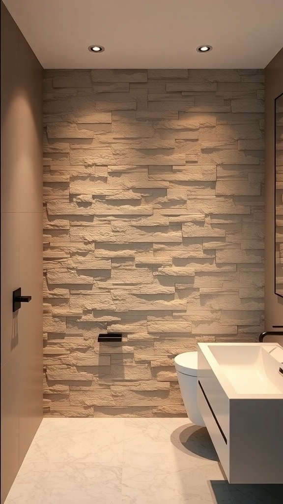 A modern bathroom featuring a natural stone accent wall with a sleek sink and toilet.