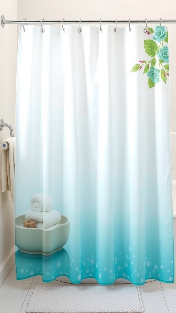 A spa-inspired shower curtain featuring soft colors and a design with towels and bubbles.