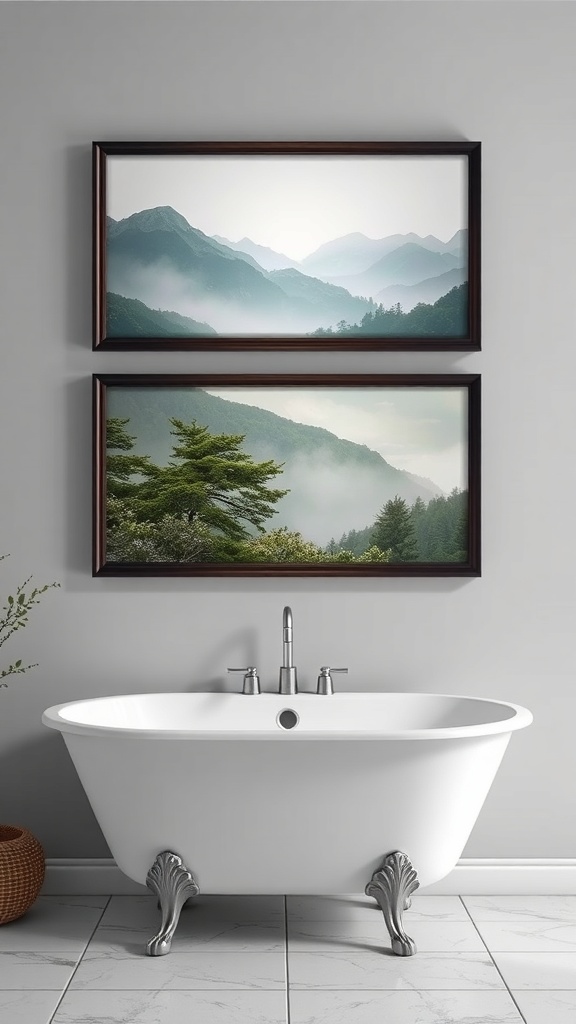 Framed nature-themed wall art above a freestanding bathtub in a spa-like bathroom.