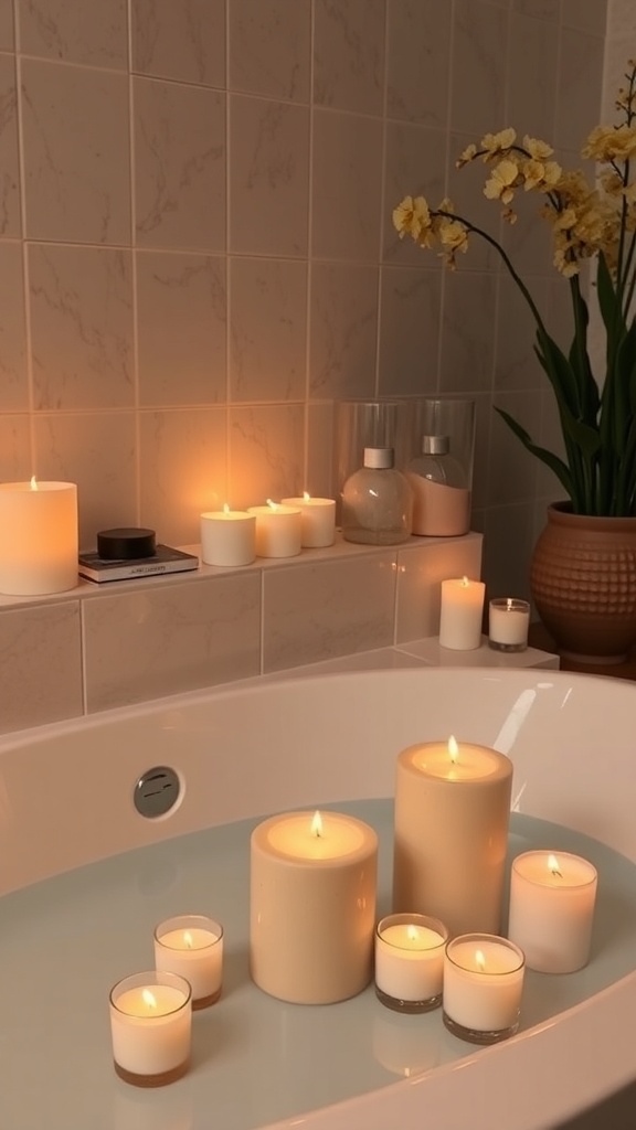 A serene bathroom scene with various candles lit around a bathtub.