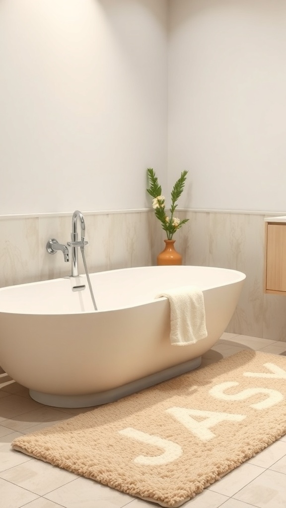 A chic bath mat in a spa-like bathroom setting with a modern bathtub.
