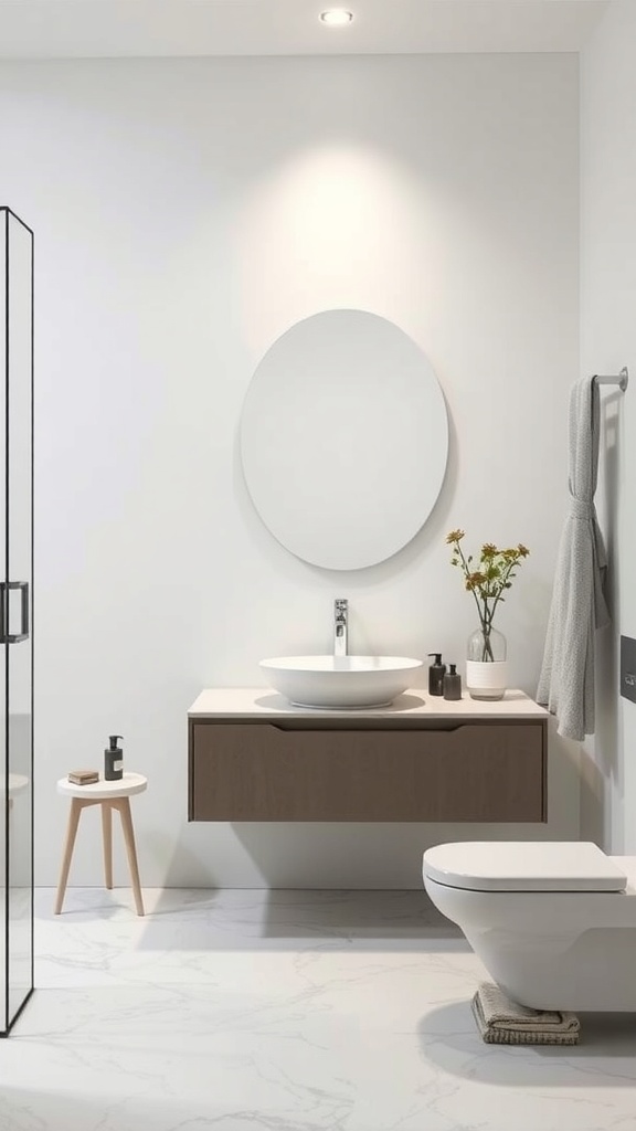 A modern bathroom featuring a floating vanity, round mirror, and minimalist decor.