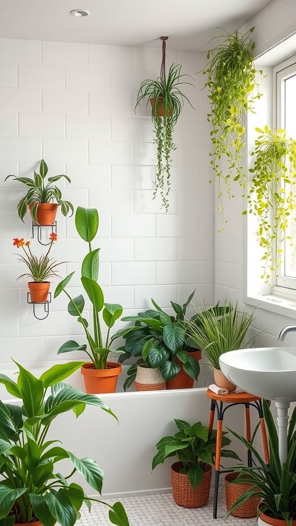 Indoor plants arranged in a bright bathroom setting.