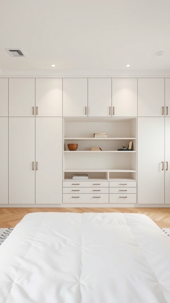 A modern Scandinavian bedroom featuring built-in furniture with white cabinetry and a minimalist design.
