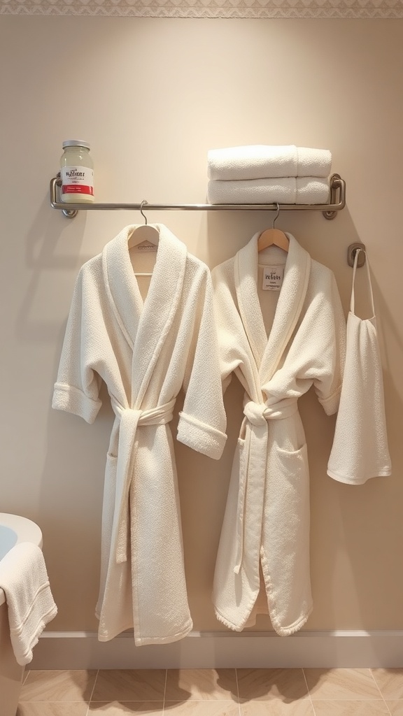 Two white spa robes hanging on a towel rack with towels and a jar on top.