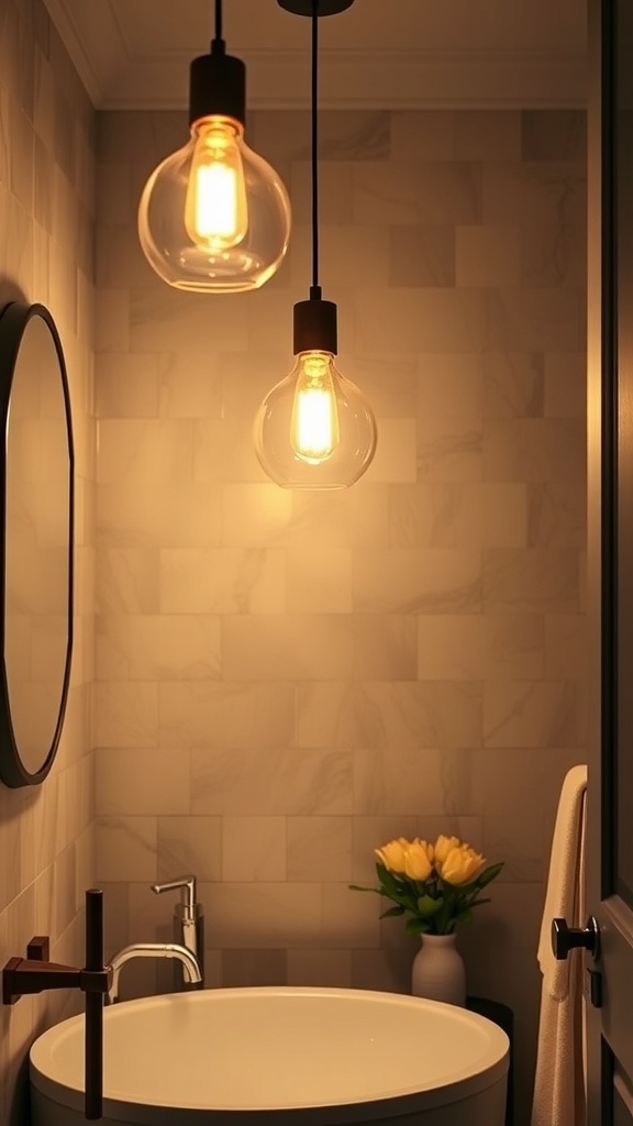 A cozy bathroom with warm pendant lighting and a modern sink.