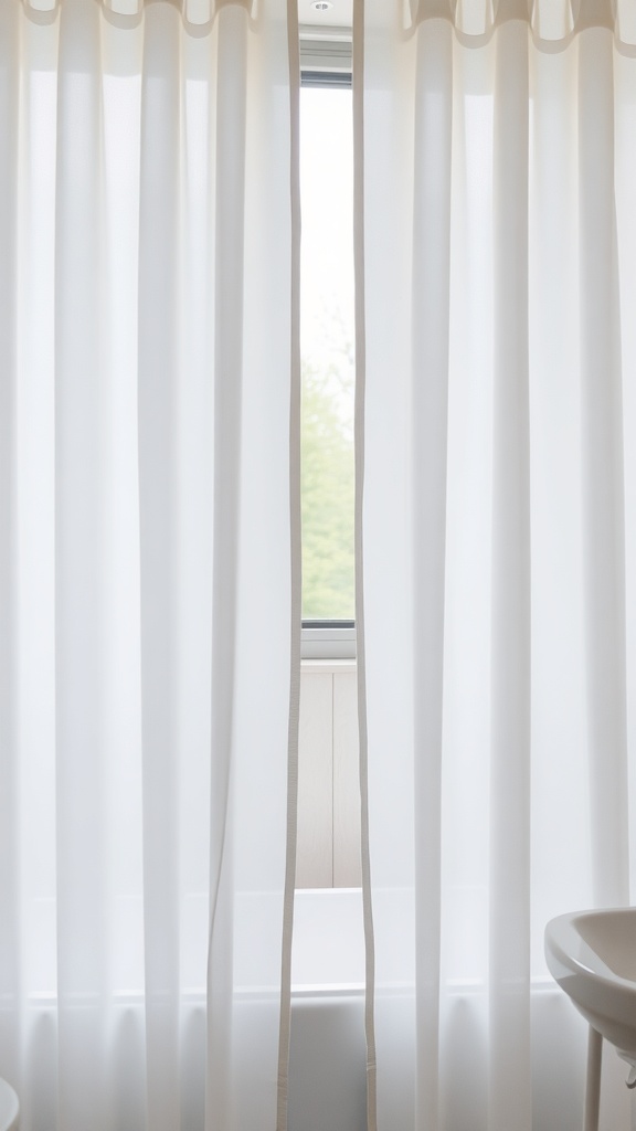 Sheer white curtains hanging in a bathroom window, providing privacy and soft light.