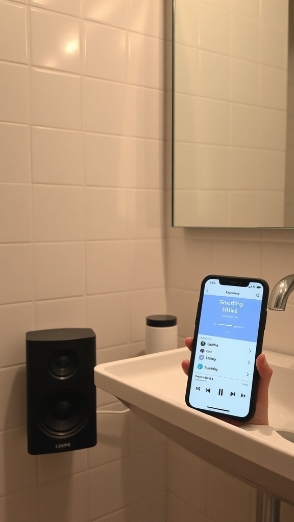 A smartphone displaying a music playlist next to a speaker in a bathroom setting.