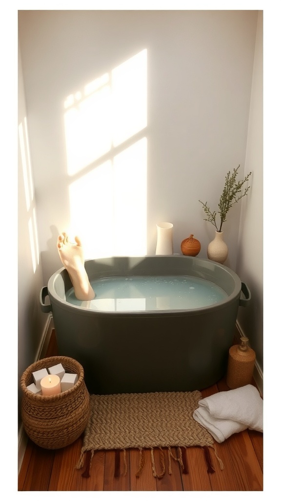 A cozy foot bath station with a tub, candles, and decorative items.