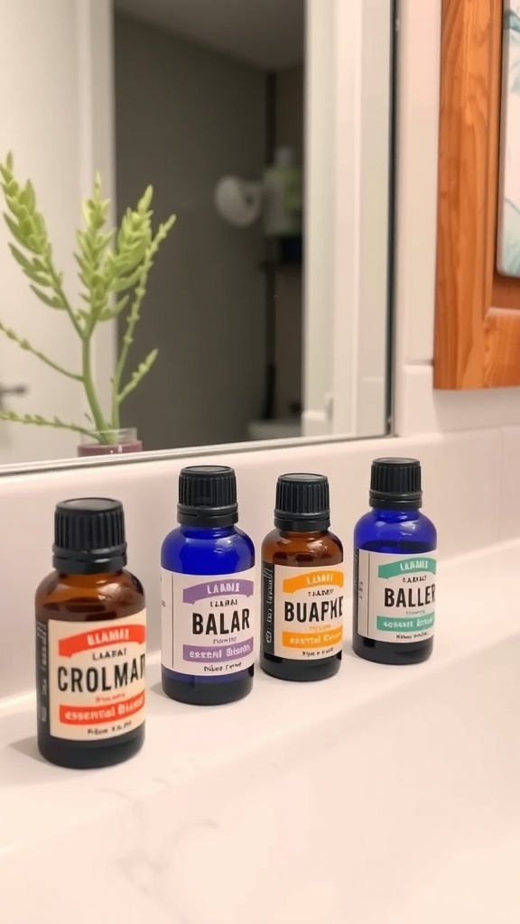 Four bottles of essential oils on a bathroom counter.