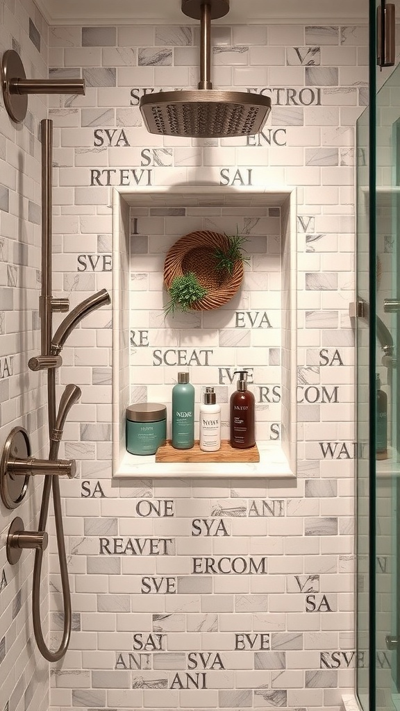 A stylish shower niche with neatly arranged bottles and a decorative plant.