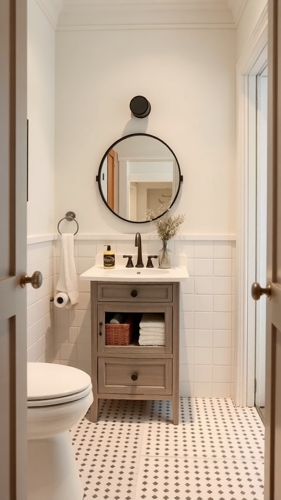 A small bathroom featuring a stylish vanity with storage and a round mirror.