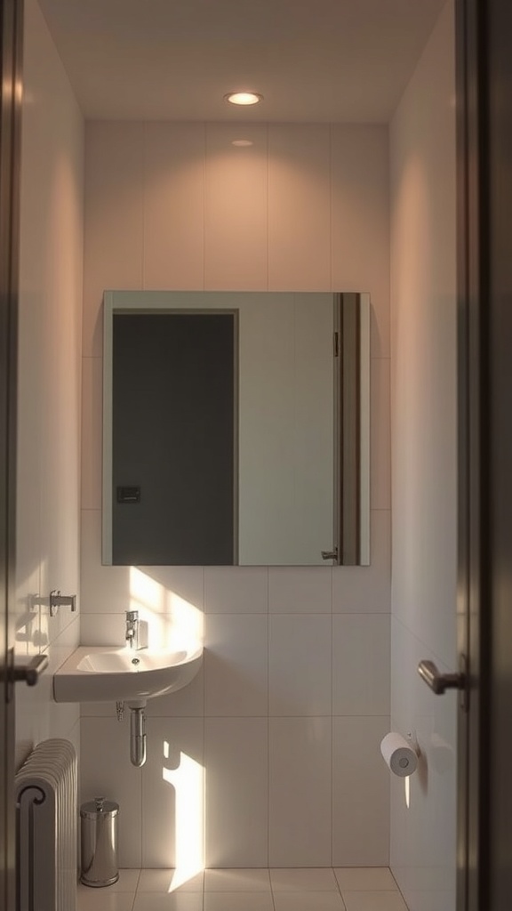 A small bathroom with a mirror above the sink, bright lighting, and simple decor.