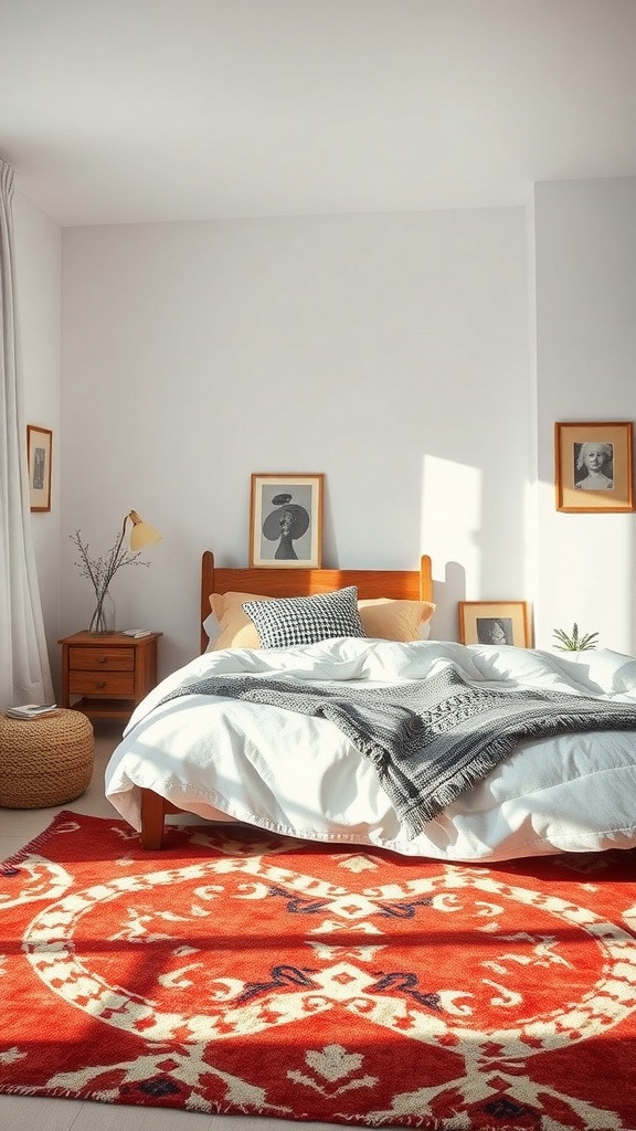 A cozy Scandinavian bedroom featuring a vibrant statement rug.