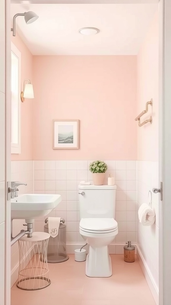 A small bathroom featuring light pink walls, white fixtures, and a minimalist design.