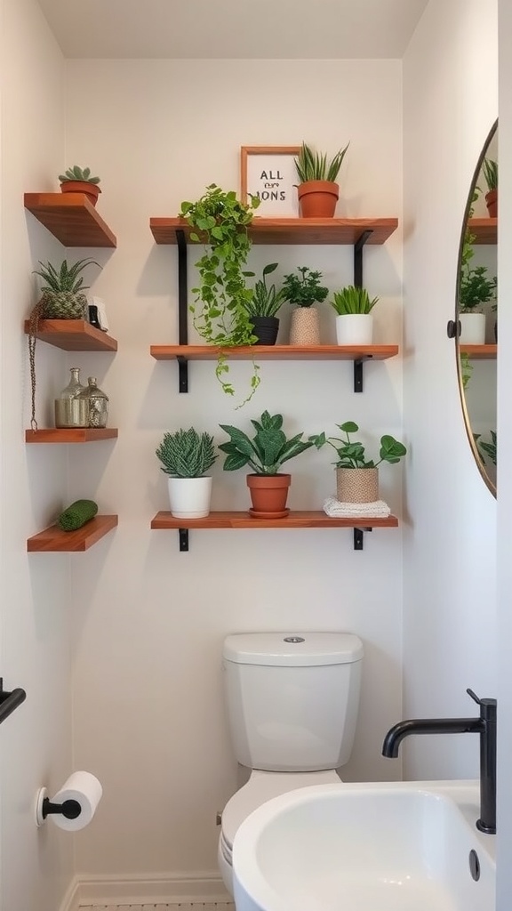 Small bathroom with wooden floating shelves displaying plants and decorative items.