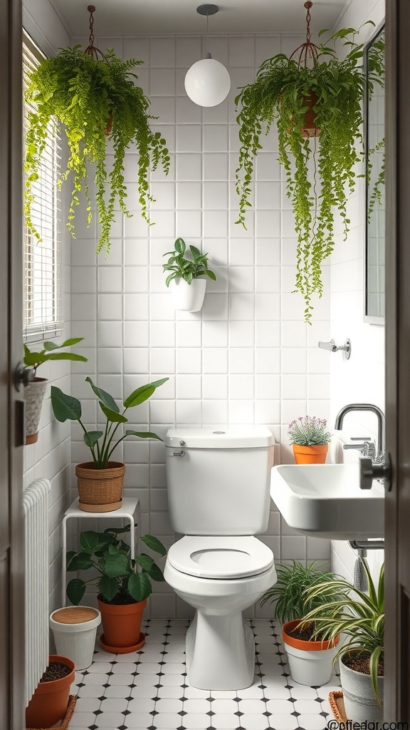 A small bathroom decorated with various plants, including hanging ferns and potted greenery.