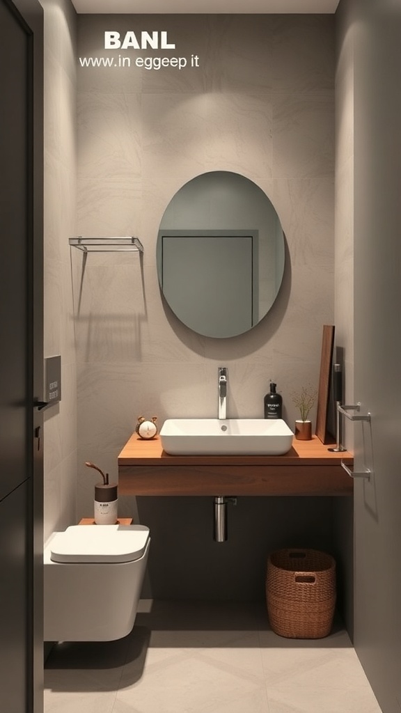 A modern small bathroom featuring a floating vanity with a round mirror.