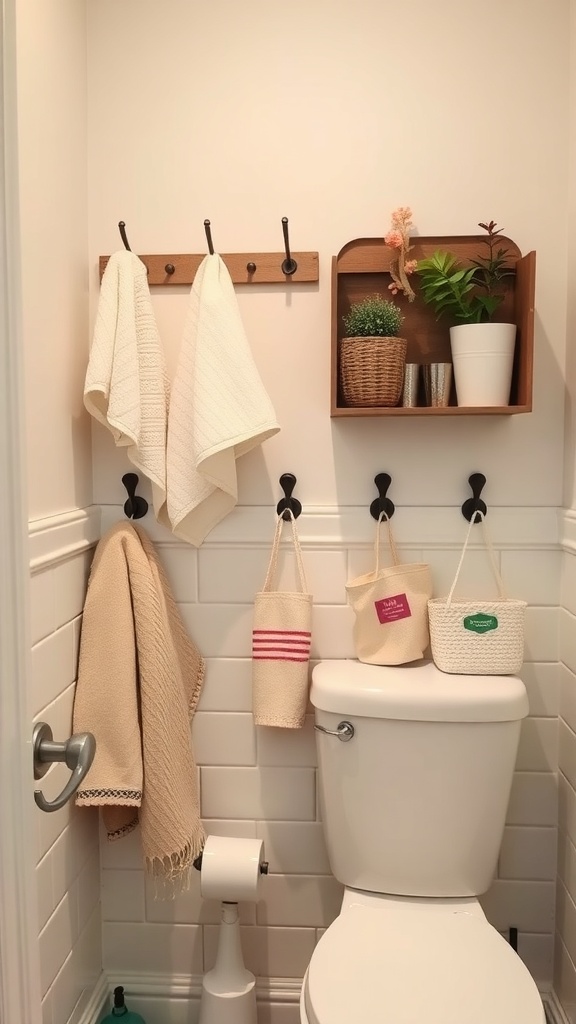 Small bathroom with hooks for towels and accessories.