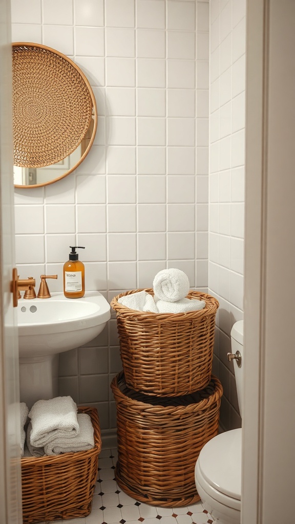 A small bathroom featuring decorative wicker baskets for storage, with towels neatly arranged inside.