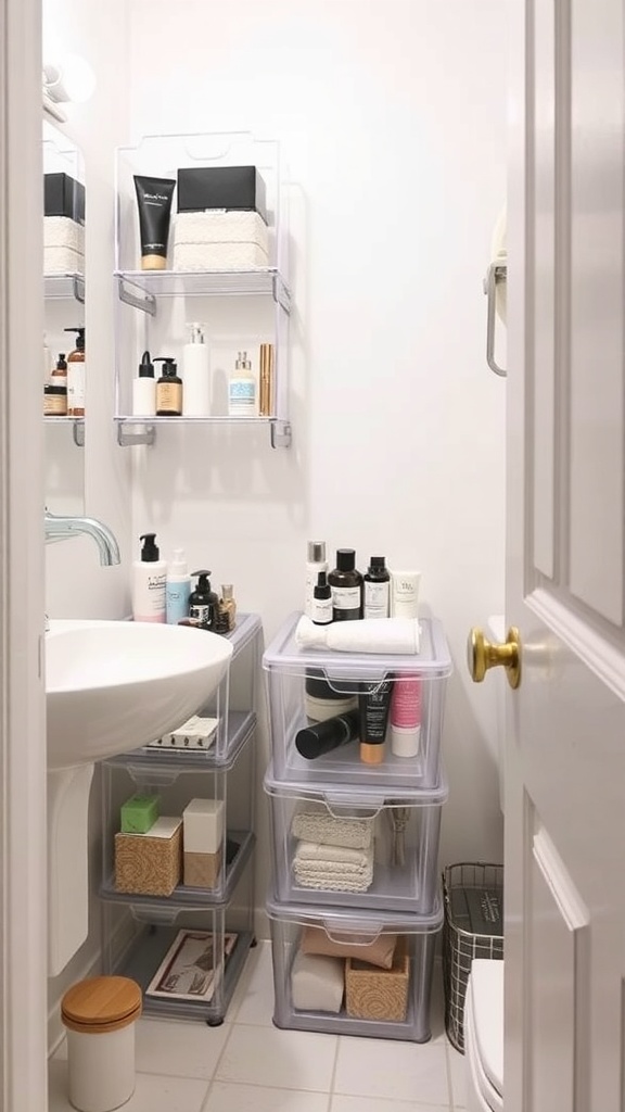 A small bathroom with clear storage containers holding various toiletries and towels.