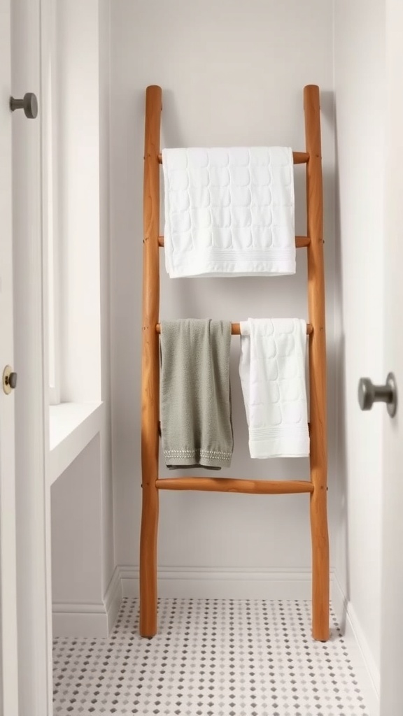 A wooden towel ladder holding white and gray towels in a small bathroom.