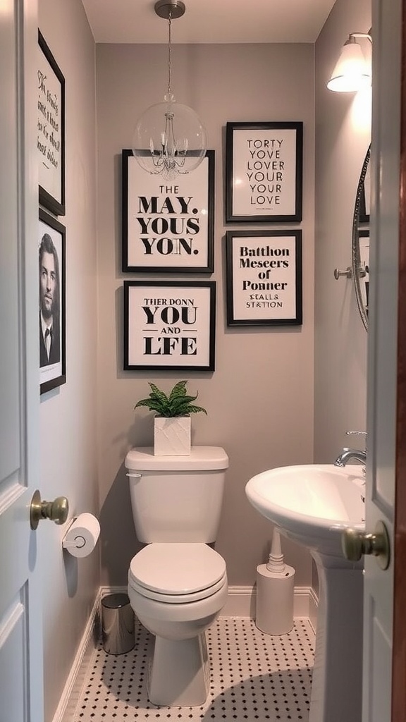 A small bathroom featuring a gallery wall with framed quotes and images.