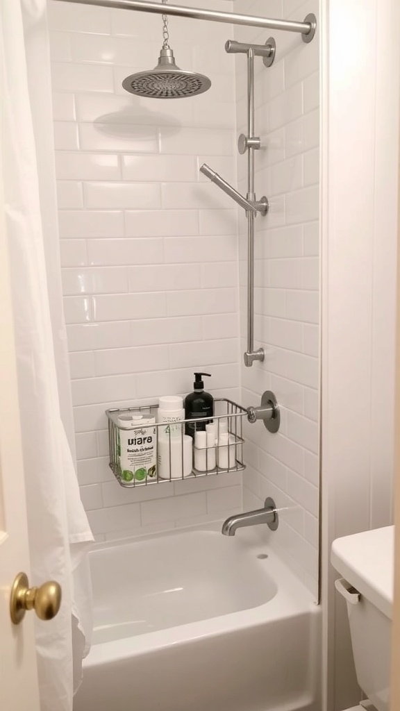 A clean and organized shower space featuring a stylish shower caddy with various toiletries.