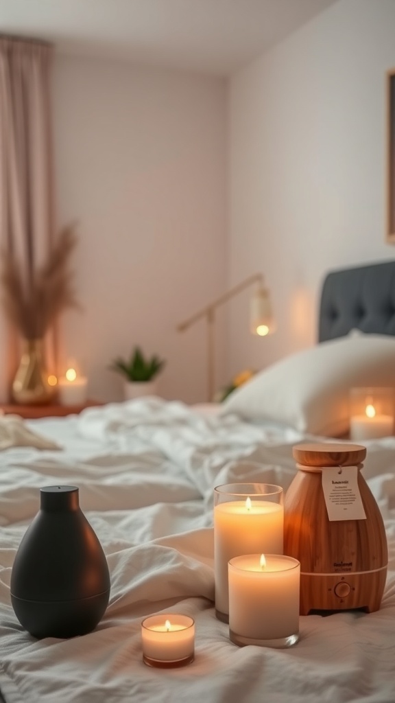 A cozy bedroom setup with candles and a diffuser on the bed, creating a calming atmosphere.