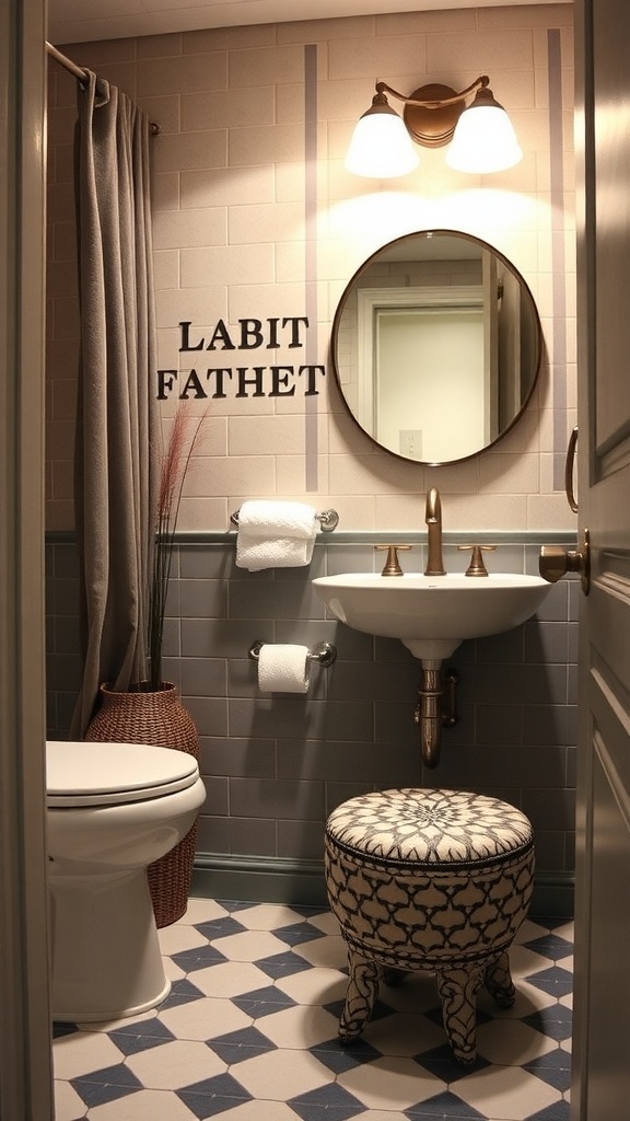 Small decorative stool in a stylish bathroom setting.