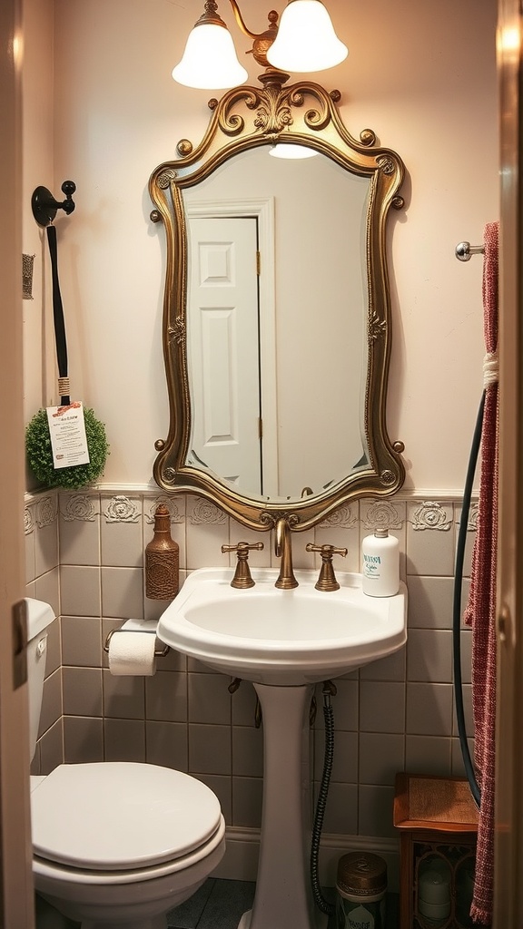 A small bathroom featuring a vintage mirror and light fixture.