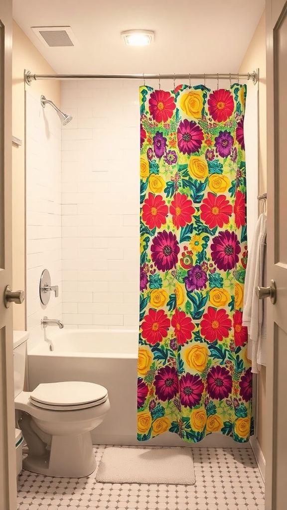 A small bathroom featuring a colorful floral shower curtain.