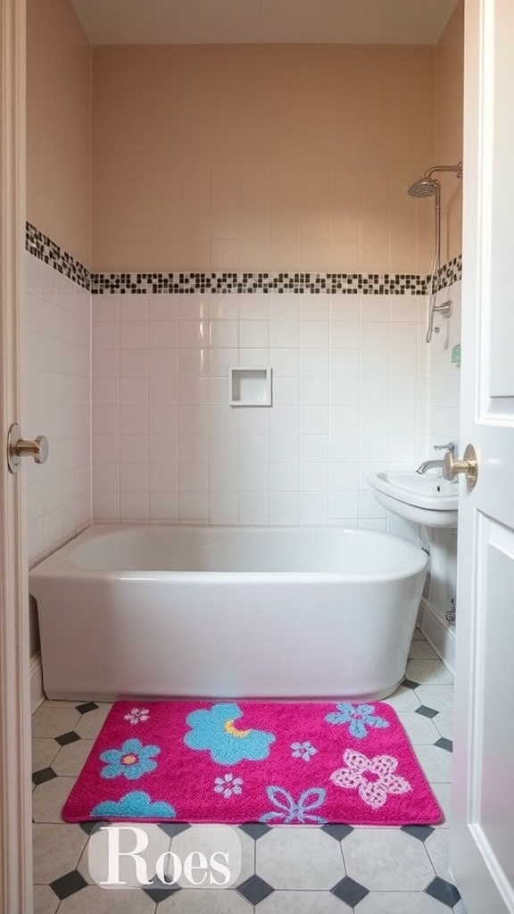 A small bathroom featuring a colorful bath mat with floral designs.
