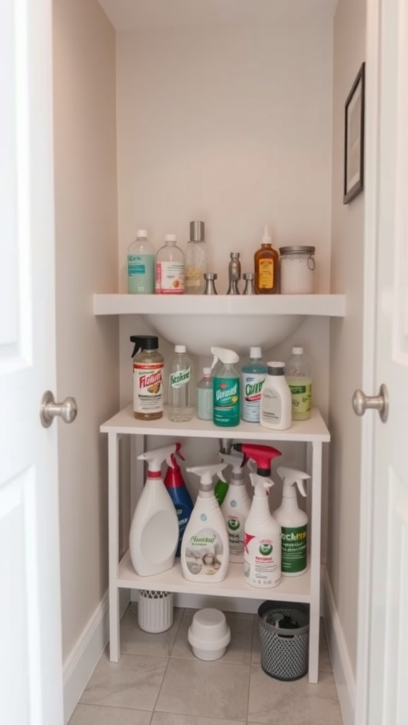 Organized under-sink storage with shelves holding cleaning supplies and toiletries.