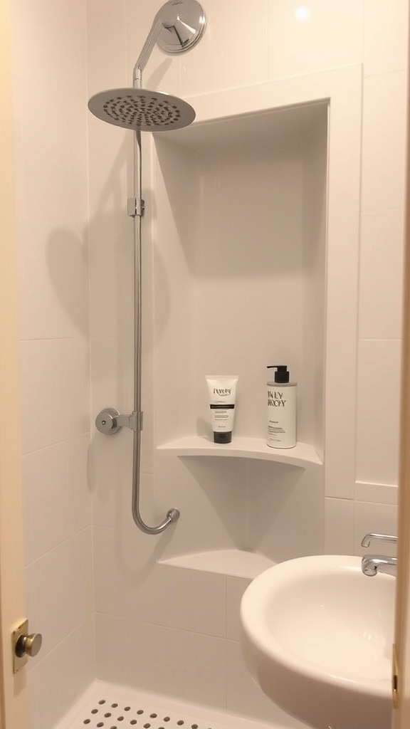 A modern shower niche with shampoo and soap bottles.