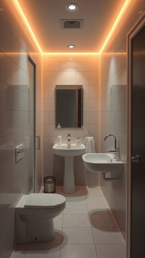 A small bathroom featuring soft lighting fixtures, including LED strip lights along the ceiling.