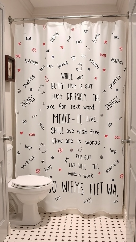 A playful shower curtain with colorful text and designs in a small bathroom.
