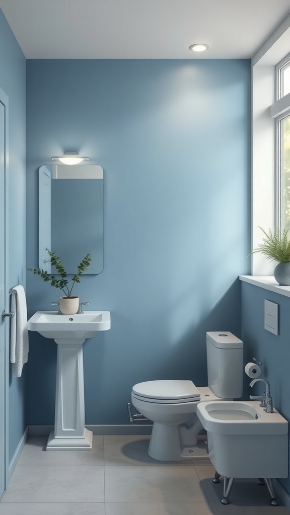 A modern bathroom featuring serene blue walls, white fixtures, and a touch of greenery.
