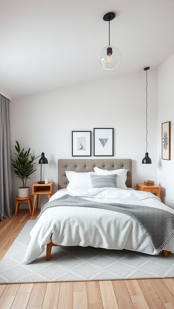 A well-designed Scandinavian bedroom featuring a neutral color palette, minimal furniture, and a cozy atmosphere.
