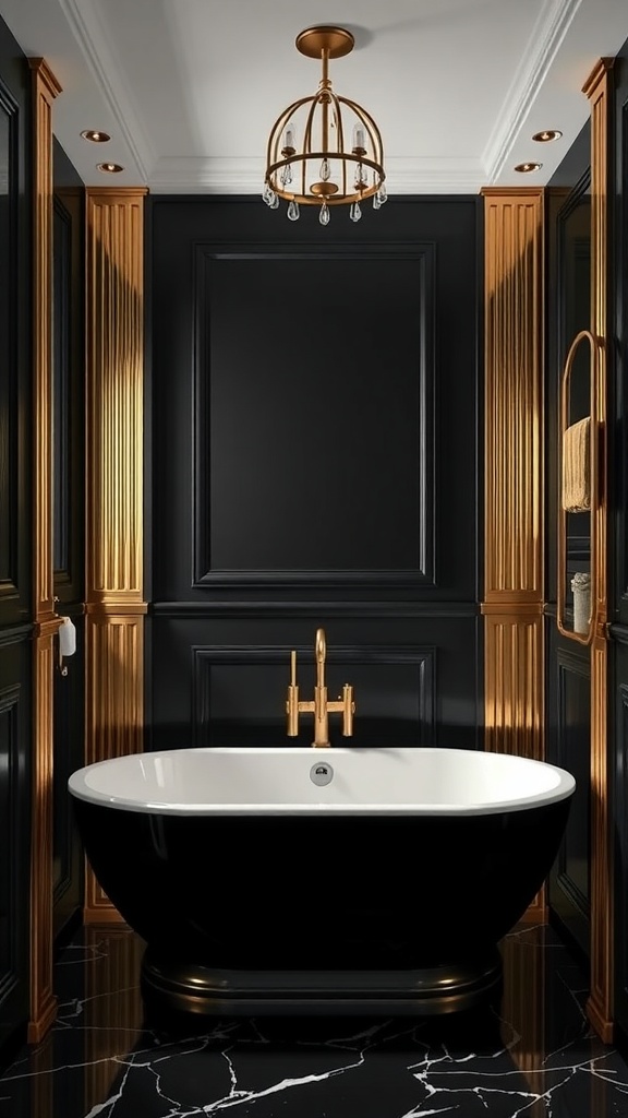 A modern bathroom featuring black walls and gold accents, with a freestanding tub and elegant chandelier.