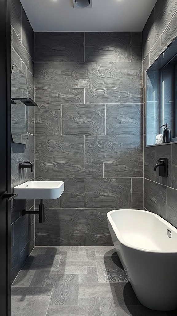 A modern bathroom featuring gray textured tiles, a white bathtub, and a minimalist sink.