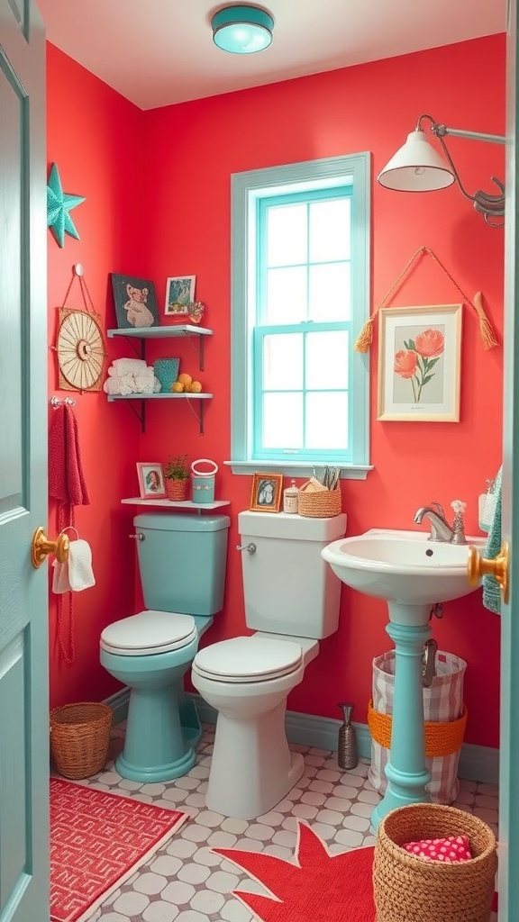 A vibrant bathroom featuring coral walls and aqua accents, showcasing a lively and cheerful atmosphere.